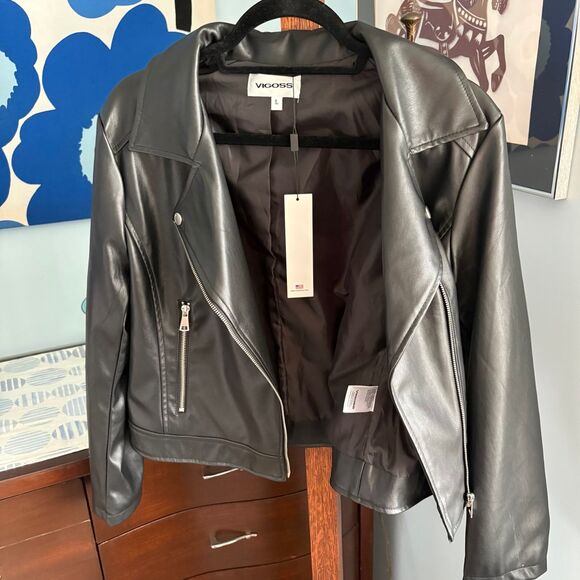 NWT Vigoss Vegan Leather Black Motorcycle Jacket w/ Silver Hardware size L - Picture 4 of 8
